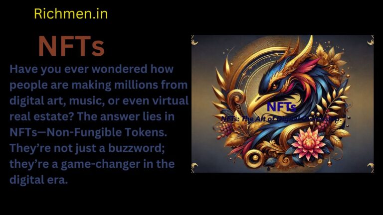 Richmen.in NFT promotional graphic featuring a vibrant bird illustration and text discussing the impact of Non-Fungible Tokens in digital art and ownership.