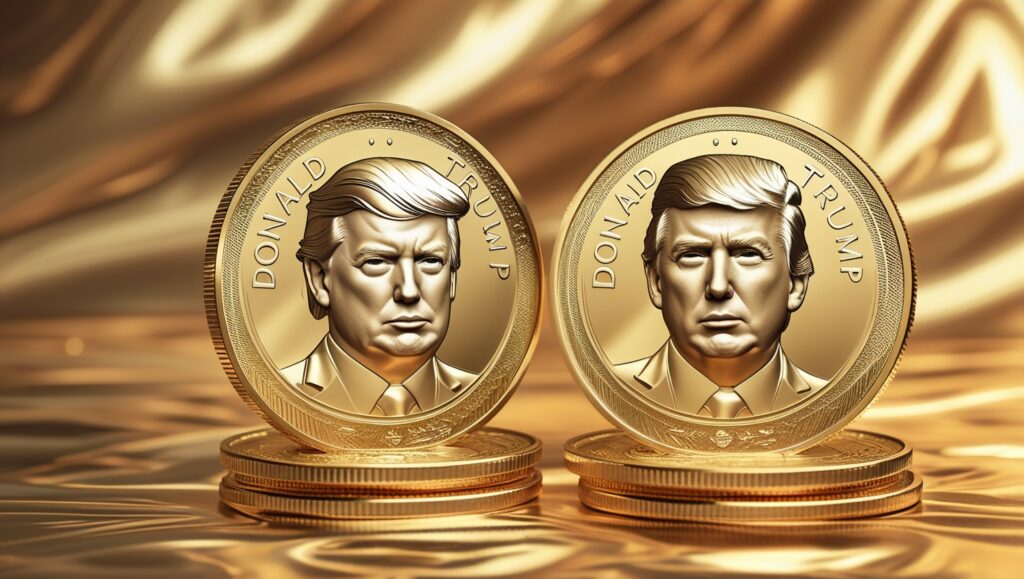 Golden coins featuring Donald Trump's profile, symbolizing the Trump Meme Coin ($TRUMP) cryptocurrency.