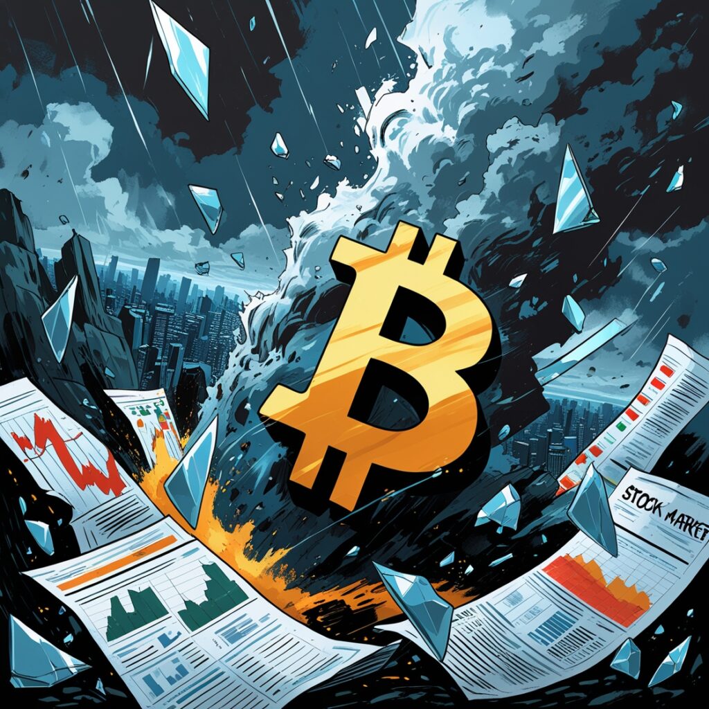 Bitcoin Price Drop – A dramatic illustration of Bitcoin crashing amid financial turmoil, stock market charts, and economic uncertainty.