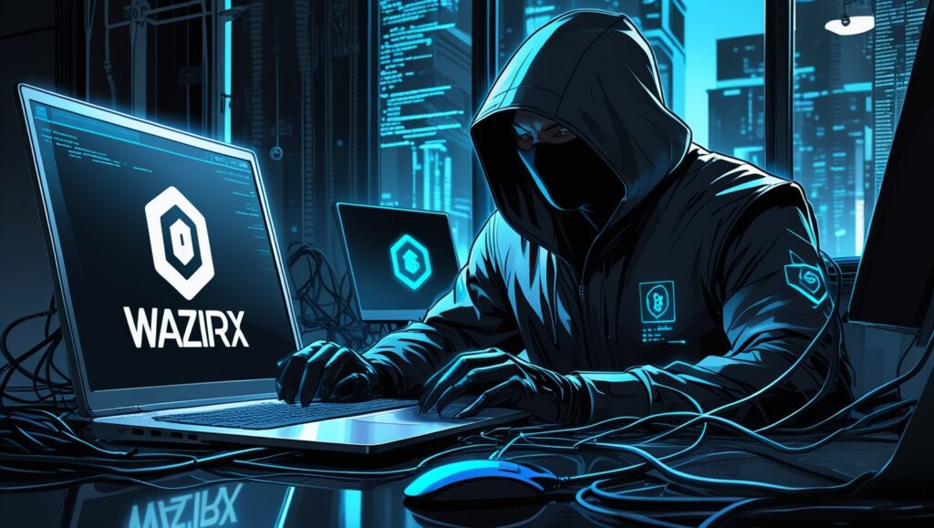 Hacker in a dark hooded outfit at a laptop displaying the WazirX logo, symbolizing a major cryptocurrency exchange hack and security breach.