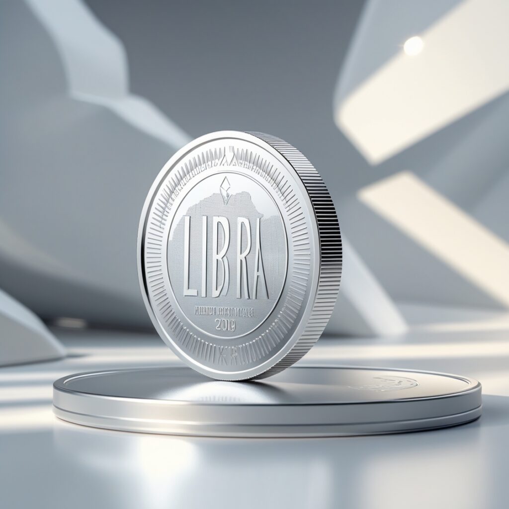 Silver LIBRA cryptocurrency coin standing on a reflective surface, symbolizing digital assets and meme coin investments.