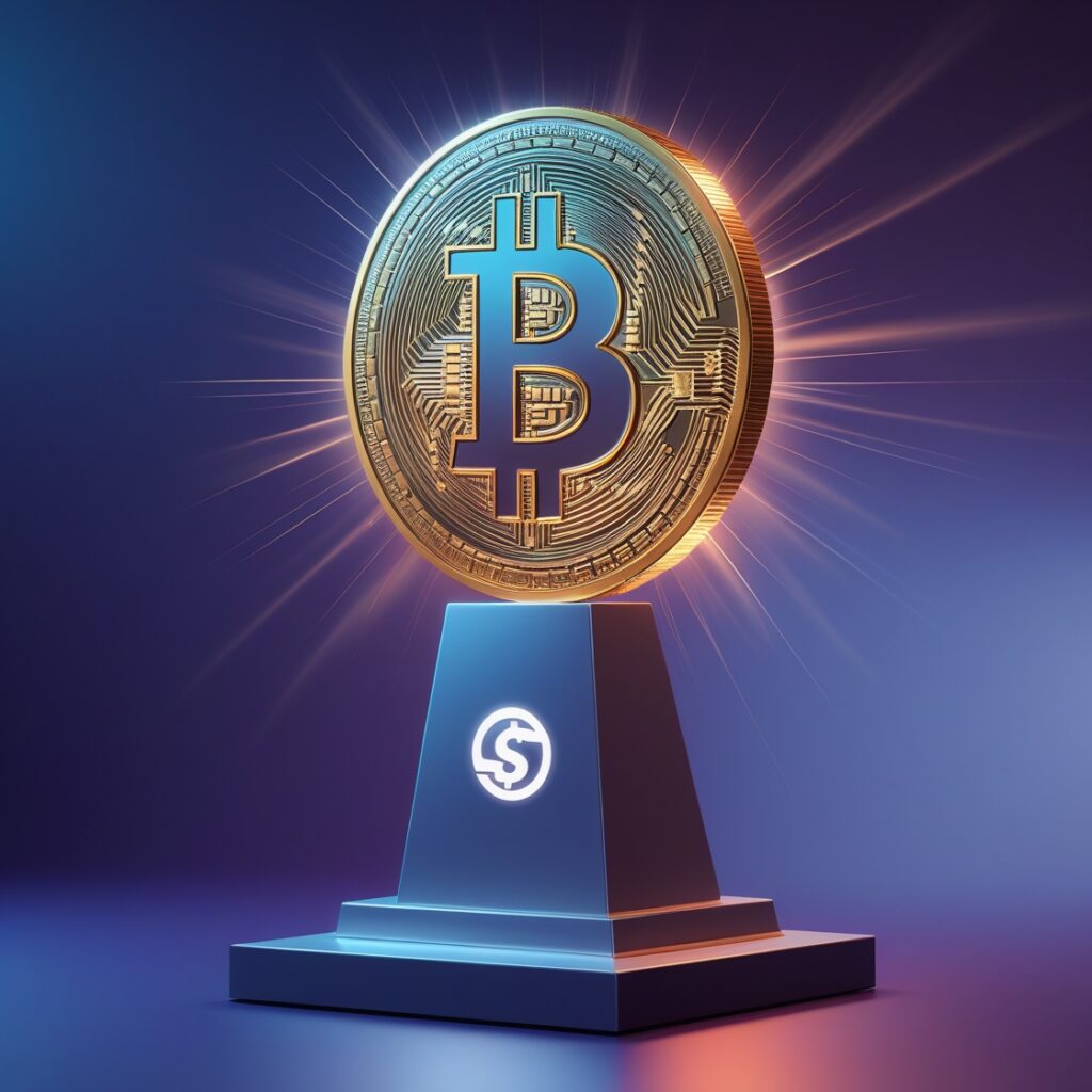 Golden Bitcoin trophy on a glowing pedestal, symbolizing Bitcoin as the top cryptocurrency and a strong hedge against inflation.