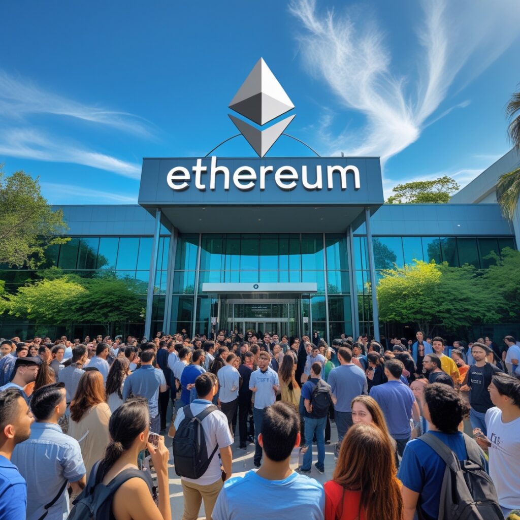 Ethereum Foundation headquarters with a crowd, symbolizing Ethereum DeFi strategy and blockchain innovation in decentralized finance.