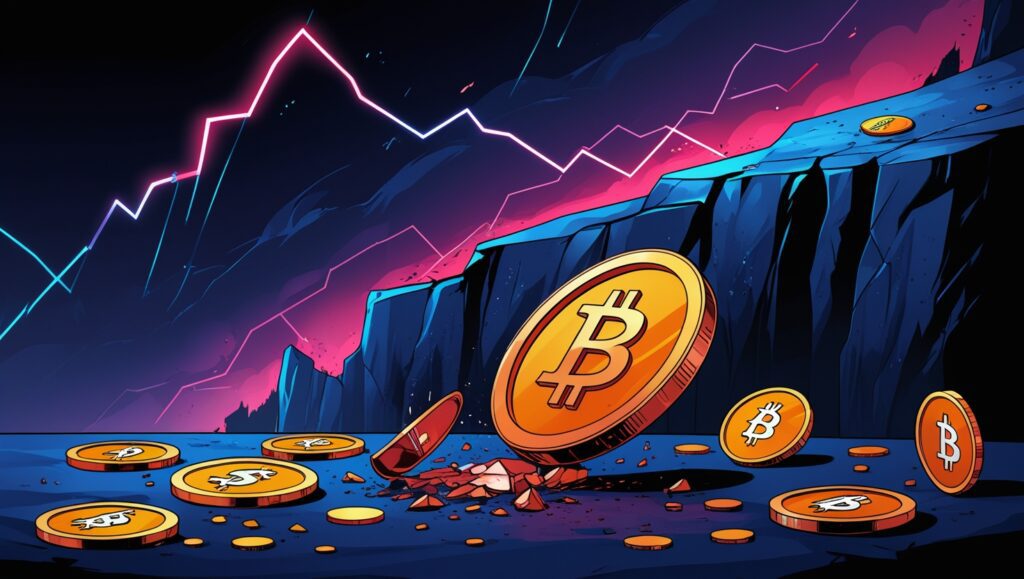 Illustration of Bitcoin price crash with broken coins and a declining market graph, symbolizing cryptocurrency market volatility.