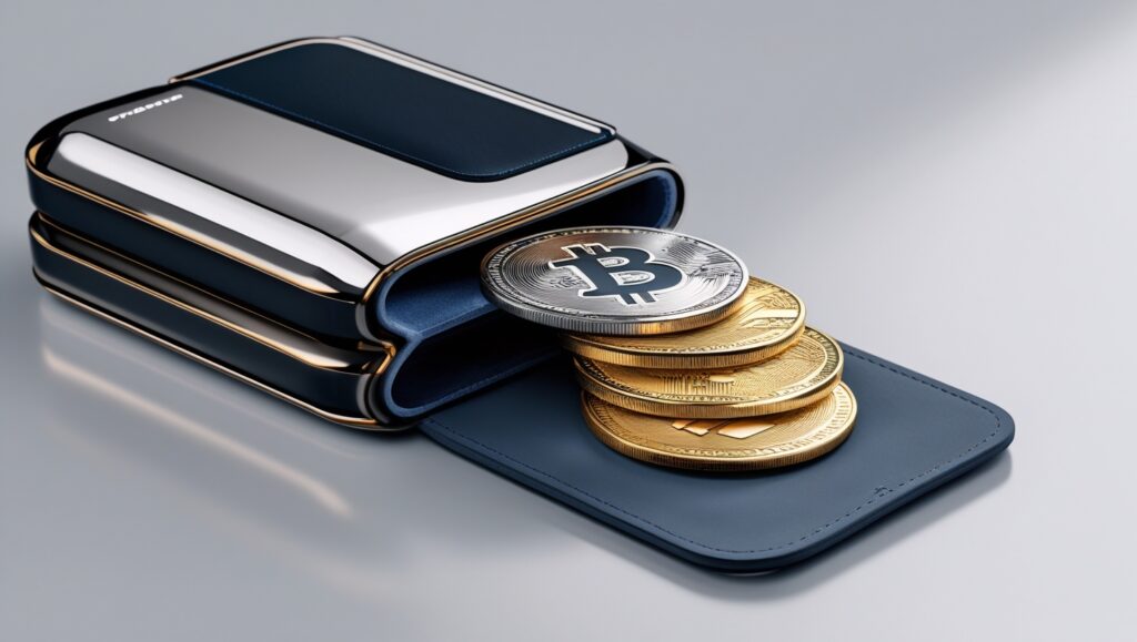 Modern cryptocurrency wallet with Bitcoin and digital coins, showcasing secure blockchain storage and crypto asset management.